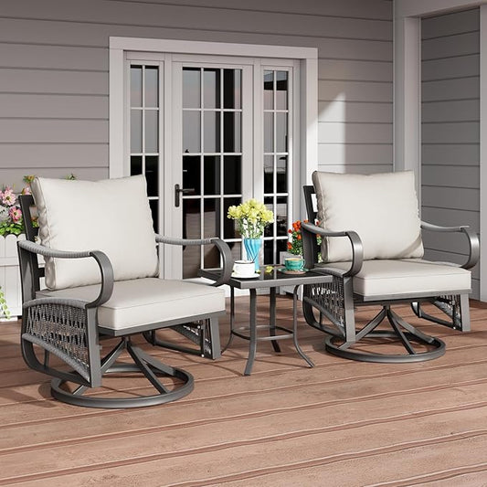 3 Piece Patio Furniture Set, Rope Woven Outdoor Conversation Set with High Back Metal Swivel Chairs and Coffee Table, Thick Cushions for Garden, Porch, Beige