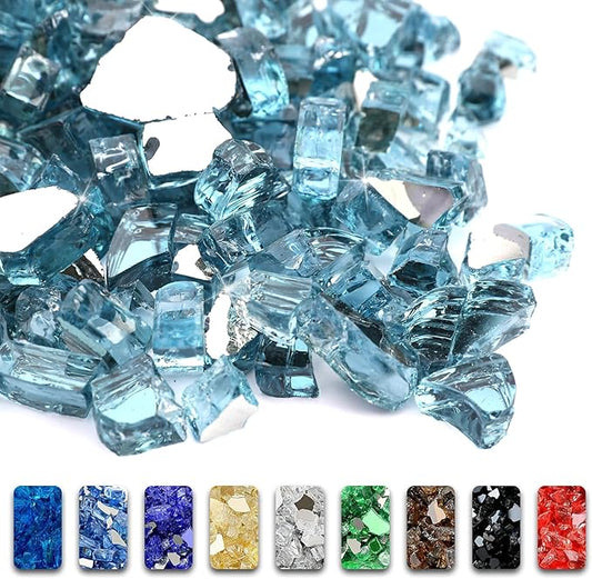 GRISUN Aqua Blue Fire Glass for Fire Pit, 20 Pounds 1/2 Inch High Luster Reflective Tempered Glass Rocks for Natural or Propane Fireplace, Safe for Outdoors and Indoors Firepit Glass