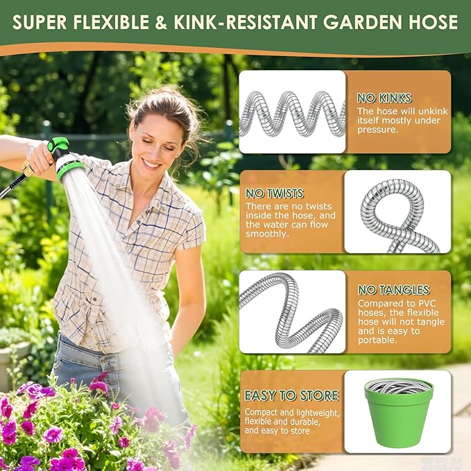 Stainless Steel Garden Hose 25 ft - Heavy Duty Durable Metal Water Hose, Kink Resistant, Lightweight, Flexible, Rust Proof, UV Resistant - Ideal for Yard, Lawn, Plant Watering & Car Washing