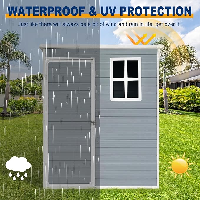 Storage Shed 5x3 ft Outdoor Storage Shed with Floor, Lean to Resin Shed with Window, Lockable Door Plastic Tool Sheds, Waterproof Shed for Garden, Patio, Backyard, Yard, Lawn, Grey