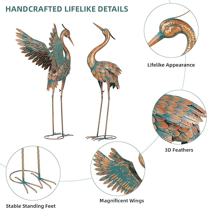 Ultym Extra-Large 36.8" Metal Crane Garden Statue, Handcrafted Blue Heron Decor Sculptures with Stable U-Ground Stakes, Backyard Decoration, Metal Garden Bird Animal Yard Art, Lawn Ornament Decor