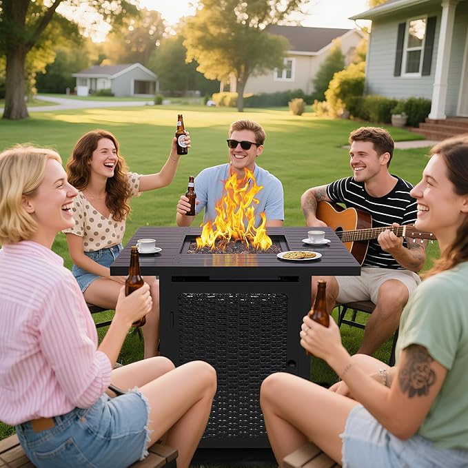 Black Propane Fire Pit Table, 50000 BTU Gas Fire Pits Table with Removable Lid and Lava Rock, Square Fire Table with Cover, 30'', Ideal for Dining or Party on Patio, Garden, Yard