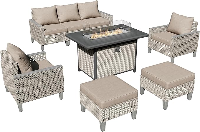 Outdoor Patio Furniture Set with Rattan Fire Pit Table 8-Piece Modular Wicker Sectional Sofa with Ottomans and Thick Cushions, Modern Rattan Outdoor Conversation Couch, Khaki
