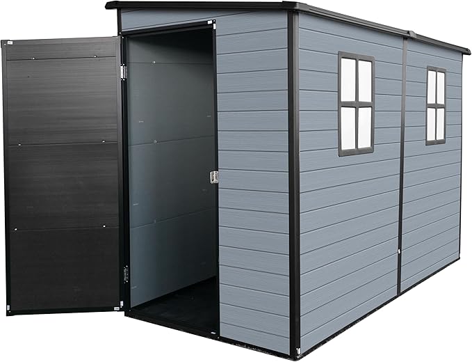 4x8FT Resin Outdoor Storage Shed with Floor and 2 Windows,Waterproof Plastic Sheds with Lockable Doors,Outside Garden Tools Sheds for Backyard Patio,Gay+Black