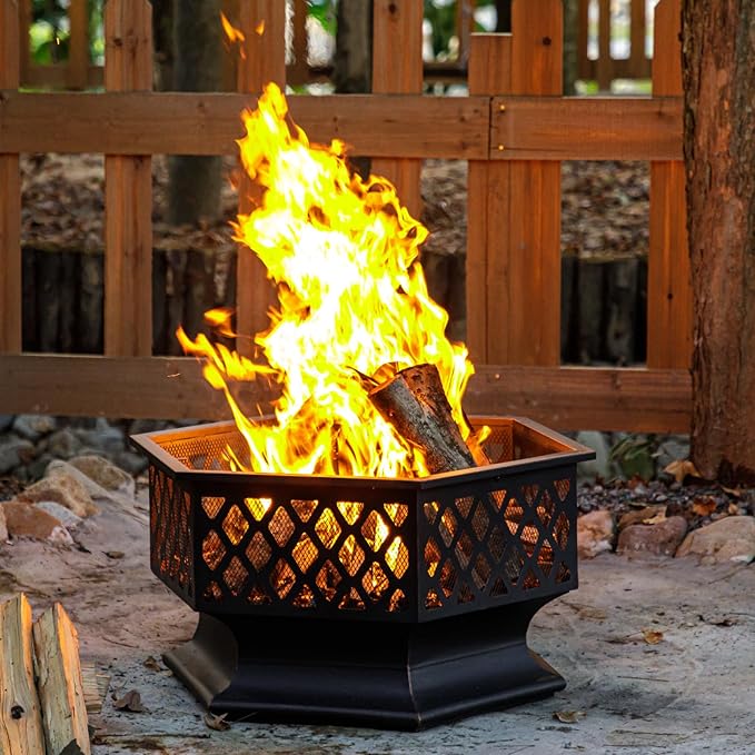 33 Inch Outdoor Fire Pit, Hexagon Shaped Wood Burning Firepit for Outside Bonfire, Patio, Backyard and Camping (Antique Bronze)