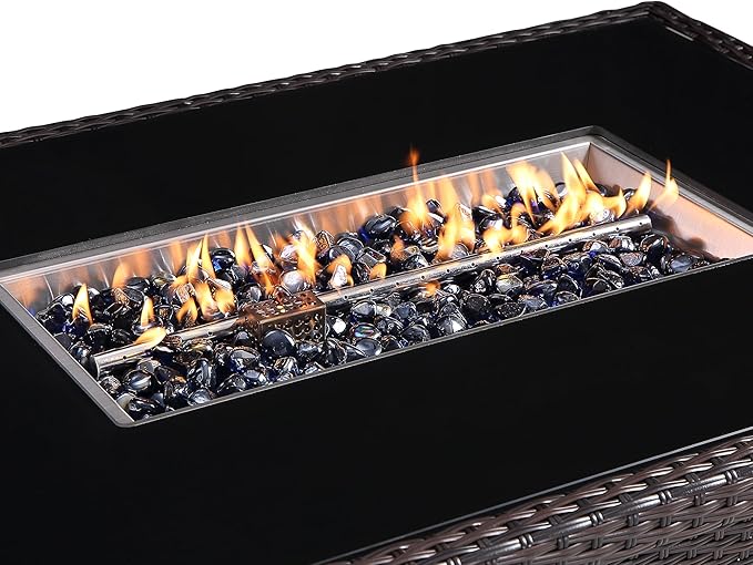 44 in. x 32 in. Rectangular Outdoor Brown Wicker Aluminum Propane Fire Pit Table in Tempered Glass w/Fire Glass, Add Warmth and Ambience to Gatherings and Parties On Patio Deck Garden