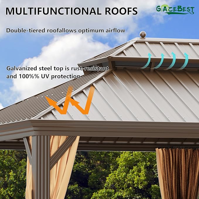 GAZEBEST 12' X 16' Hardtop Gazebo, Outdoor Galvanized Steel Double Roof Permanent Aluminum Frame Pavilion Pergola Canopy with Privacy Curtains for Garden, Patio, Backyard, Deck and Lawns.