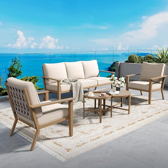Patio Conversation Set,5 Pcs Metal Outdoor Furniture with 3-Seater Sofa,2 Single Chairs,Metal Nested Table and 5.75" Extra Thick Cushion for Lawn Garden Backyard,Beige