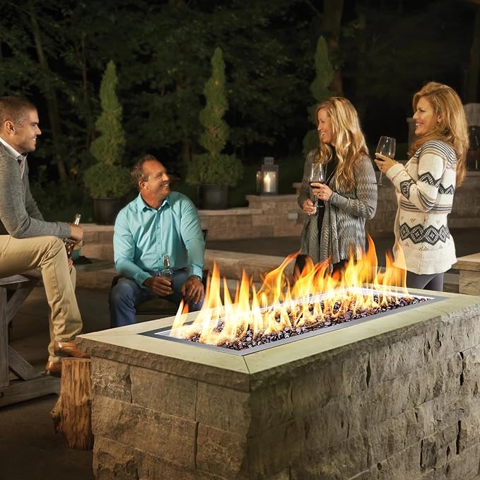 Onlyfire 30 x 10 Inch Drop-in Fire Pit Pan Kit, Rectangular Stainless Steel Propane Gas Firepit Pan with H Burner, Spark Ignition and Propane Hose Kit for Indoor or Outdoor DIY Fire Pit Fireplace