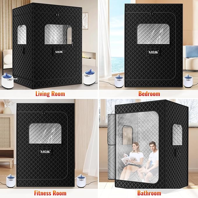 Upgraded 2 Person Sauna Box, Extra Large Sauna Box, Portable Sauna Tent with 2 Steamers, 2 Folding Chair, 71”x 49”x 36”, Black