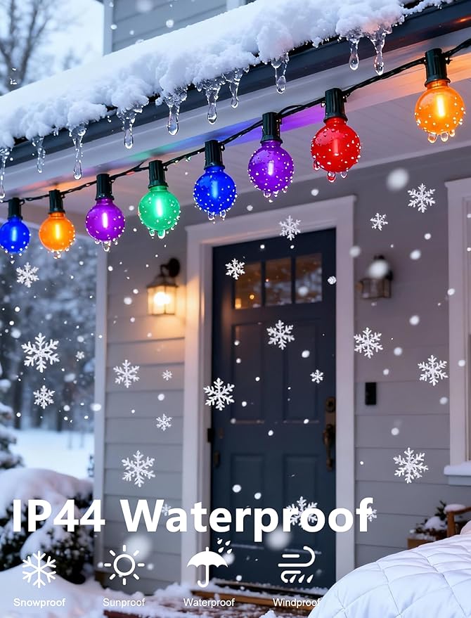 Pallerina 50Ft Outdoor Frosted Multicolor Lights, LED G40 Globe Patio String Lights with 25 0.6W Ceramic Colorful Bulbs(2 Spare), Outside Christmas Lights for Holiday Party Backyard Christmas
