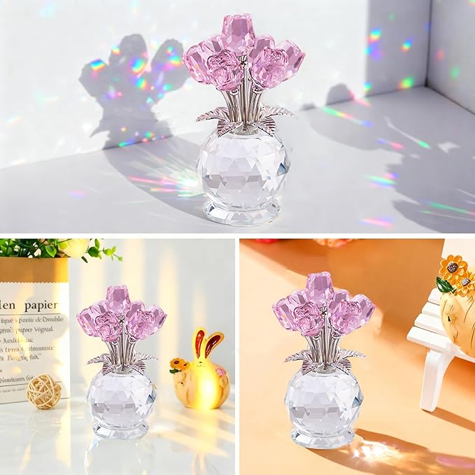 Crystal Rose Flower Collectible Figurine,Valentines Gifts for Girlfriend or Wife Bouquet Figurines Artificial Flowers Quartz Glitter Roses for Glass Flowers(Pink)