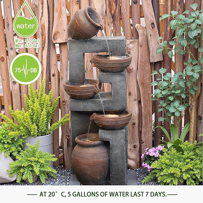 Bumilgar 33.8" H Water Fountain Outdoor with LED Lights & Pump, 5-Tier Cascading Outdoor Fountain for Garden,Patio,Porch,Backyard,Home Art Decor (Brown)