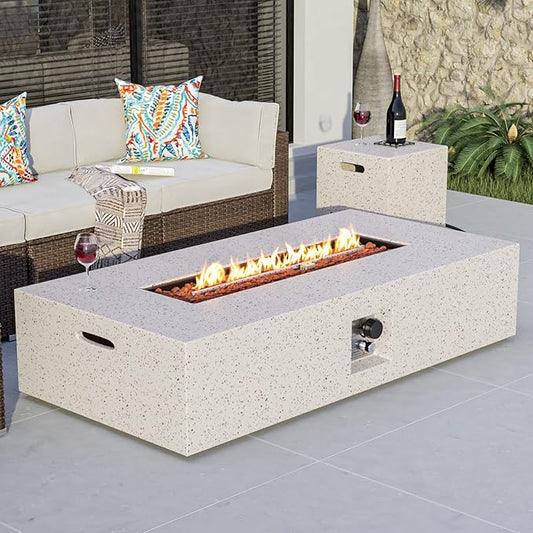 COSIEST 2-Piece Outdoor Propane Fire Table Set, Rectangle Concrete 56" Rectangular Fire Pit, Certified, 50,000 BTU, w 20lb Tank Table,Waterproof Cover for Garden, Porch, Backyard