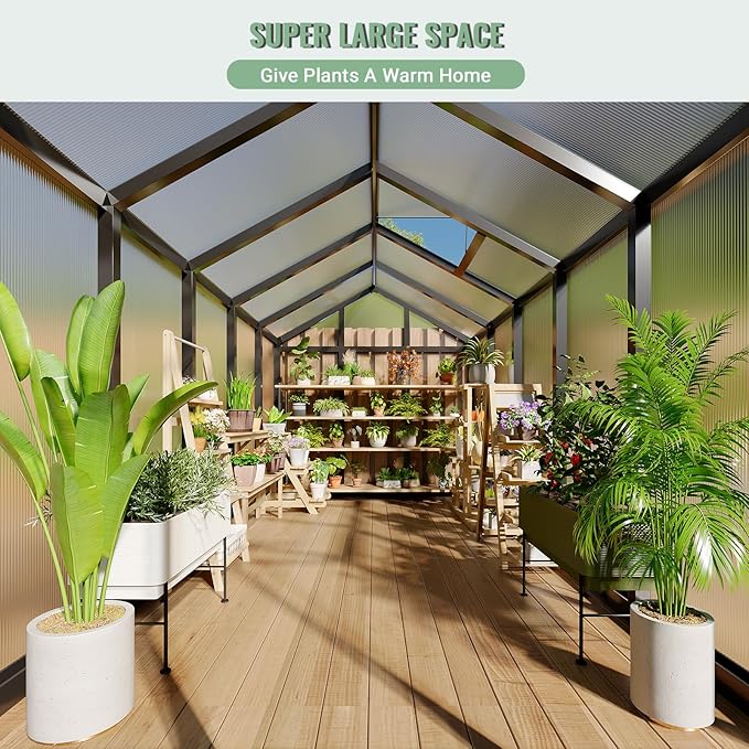 6x10 FT Greenhouse, Polycarbonate Walk-in Greenhouse for Outdoors with Roof Vent & Lockable Smooth-Gliding Sliding Door, Heavy-Duty Aluminum Green House for Garden, Backyard, Patio, Lawn, Dark Grey