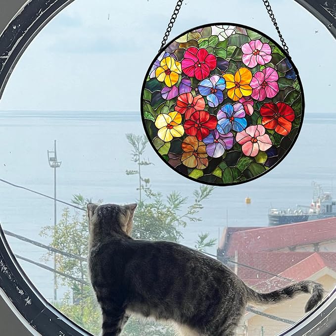 QZQCBLC Stained Glass Window Hanging Colorful Flower Wildflowers 7.8" - Suncatcher Door Garden Sun Catcher Home Decor Birthday Christmas for Mom Lover Woman Nana Friend Wife