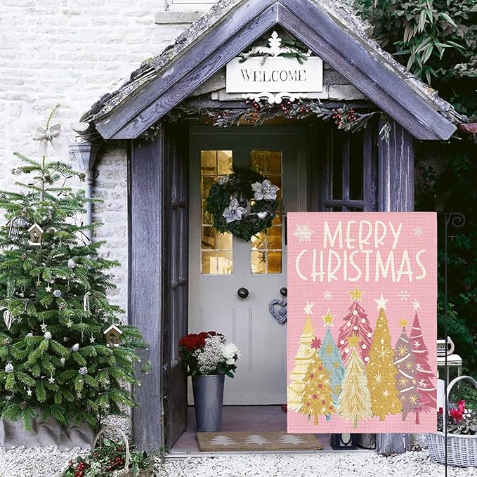AVOIN colorlife Merry Christmas Garden Flag 12x18 Inch Double Sided Outside, Christmas Trees Winter Holiday Yard Outdoor Flag Pink