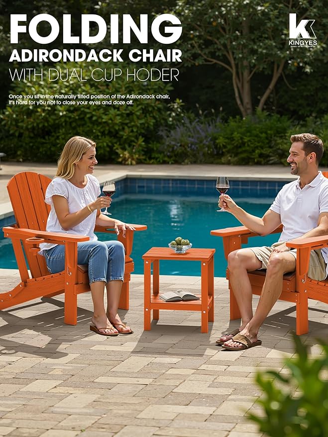 KINGYES Folding Adirondack Chair Set of 8, Dual Cup Holders & All-Weather HDPE, Wood-Like Patio Chair for Backyard, Camping, Pool & Fire Pit, Orange