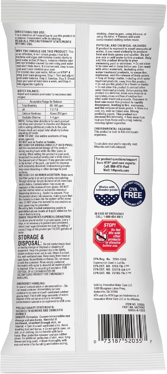 HTH 52035 Swimming Pool Care Shock Advanced, Swimming Pool Chemical, Cal Hypo Formula, 1lb