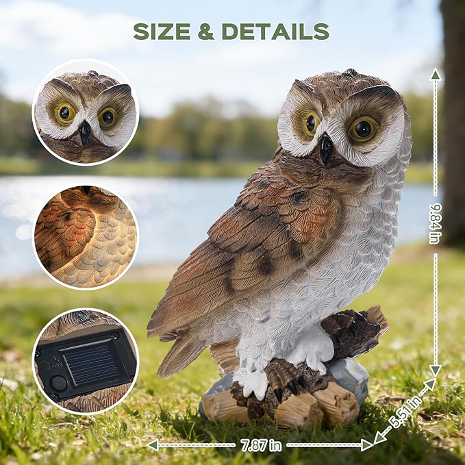 Ayadon Solar Owl Garden Outdoor Statue,Owl Figurine Sculpture with LED Lights for Porch Patio Lawn Yard Deck Decor - Ideal Housewarming Christmas Gift for Women Men Owl Lover(Brown)