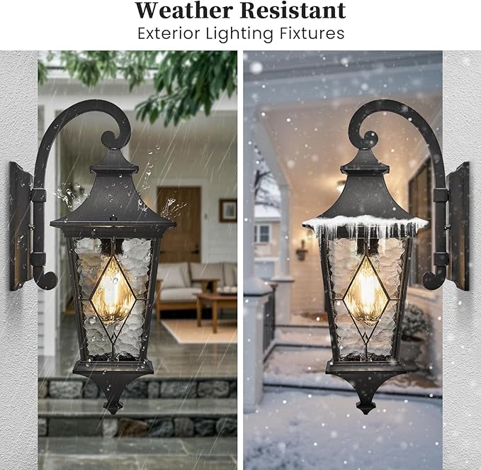 NAXTTII Outdoor Sconce Lights Black Porch Lights Outdoor Aluminum Waterproof Exterior Lighting Fixtures with Water Ripple Handmade Solder Glass E26 Socket