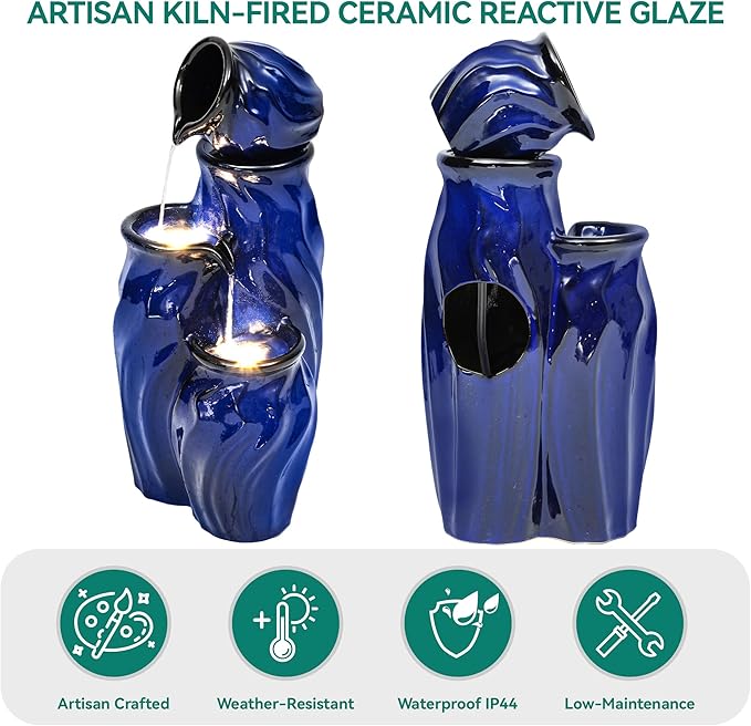 Ultym 29" Ceramic Outdoor Water Fountain, Sleek Cobalt Blue 4-Tier Stacked Waterfall with Wave Design, Weather-Resisant for Garden Patio Yard Porch Decor, Creates Relaxing Serene Oasis