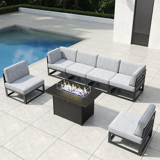 7 Pieces Aluminum Patio Furniture Set with Propane Gas 44" Fire Pit Table, Metal Outdoor Conversation Sofa Set with Seating Cushions