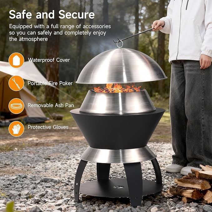ONBRILL 20 Inch Smokeless Firepit, Outdoor Fire Pit with Waterproof Lid, Removable Ash Pan, Handbag, 2 in 1 Stainless Steel Potable Fire Pits for Outside Wood Burning, Bonfire, Camping, Picnic, Black
