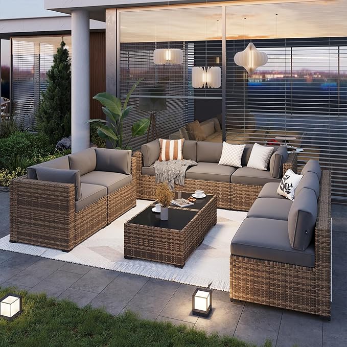 Aoxun Patio Furniture Sets, 10-Piece Outdoor Patio Furniture with Thick Cushions, Wicker Outdoor Conversation Set Sectional Sofa for Backyard, Poolside, Garden
