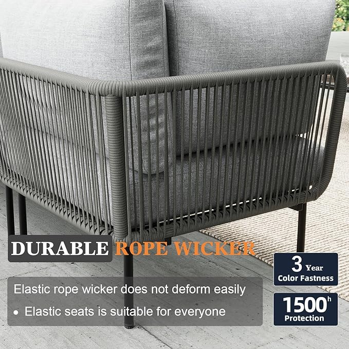 11 Piece Modern Outdoor Rope Wicker Sectional Patio L-Shaped Conversation Sofa Set Deep Seating with Fire Pit Table