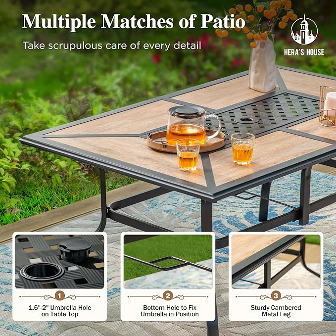 HERA'S HOUSE Patio Dining Table with Umbrella Hole for 6, Rectangle Outdoor Metal Table for Lawn Garden Backyard