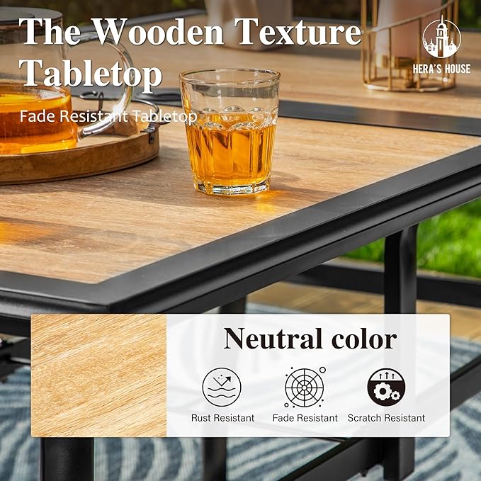 HERA'S HOUSE Patio Dining Table, 60"x38" Rectangle Outdoor Dining Table Top with Umbrella Hole and Metal Steel Frame for Lawn Garden Backyard