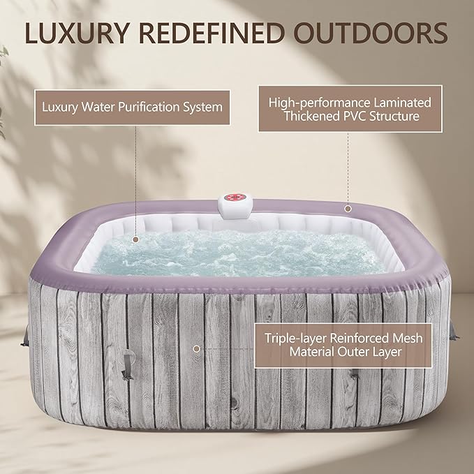 UHOMEPRO Inflatable Hot Tub Spa Set, Outdoor Bubble Massage Portable Hot Tubs with 130 Soothing Jets, Insulated Cover, Internal Heater Pump, 6 Filter Cartridges