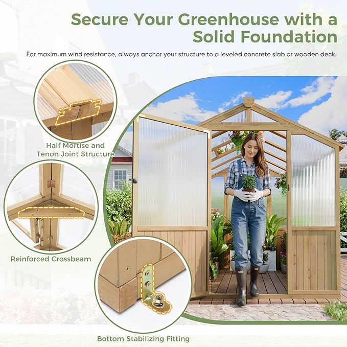 CDCASA 8x6 FT Wooden Greenhouse for Outdoor, Easy Assembly Solid Cedar Frame w/ Polycarbonate Heavy Duty Greenhouses, Outside Garden Walk-in Green House Kit, Adjustable Roof Vent & Lockable Door