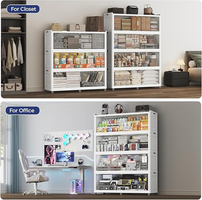 1280QT Extra Large Storage Bins with Lid and Wheels, 320Gal Stackable Closet Organizers and Storage Cabinet, Collapsible Storage Box with Doors for Home Kitchen Office Dorm, 4Pack White Clear