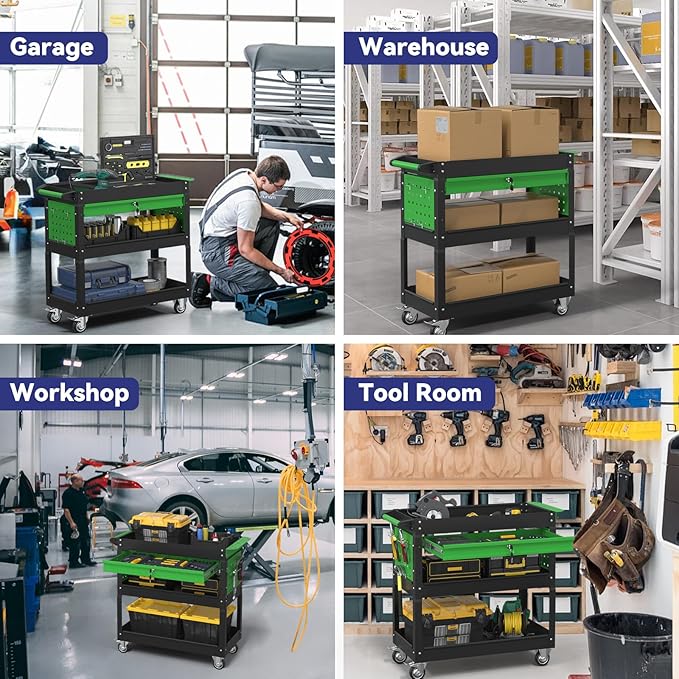 3 Tier Rolling Tool Cart with Drawer, 450 LBS Heavy Duty Utility Cart on Wheels, Service Cart for Garage, Workshop and Warehouse (Black&Green)