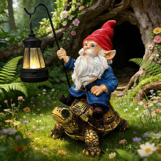 Garden Gnome Statue - Riding Turtle Outdoor Garden Statue Decorations with Solar LED Lights, 7.9" Figurine Ornament for Patio, Yard, Funny Lawn Decor Valentine's Day Gifts for Her, Wife, Sister