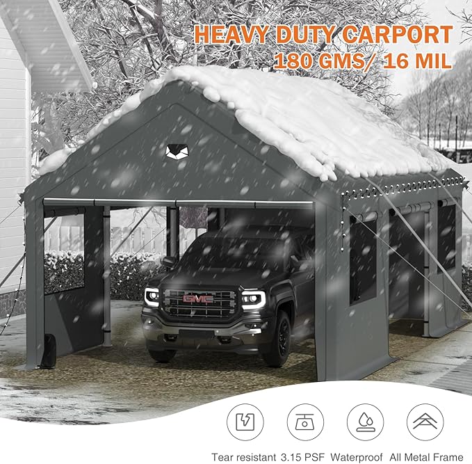 Carports 13X25 Heavy Duty,Portable Car Port Garage,Carport Canopy with Side Doors,Outdoor Car Shelter All Weather,Gray