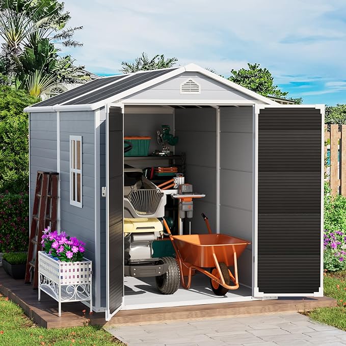 6x8 FT Plastic Resin Shed with Floor, All-Weather Storage Sheds Outdoor with Floor and Window Easy to Install, Large Plastic Sheds & Outdoor Storage for Garden Backyard Patio, Dove Grey