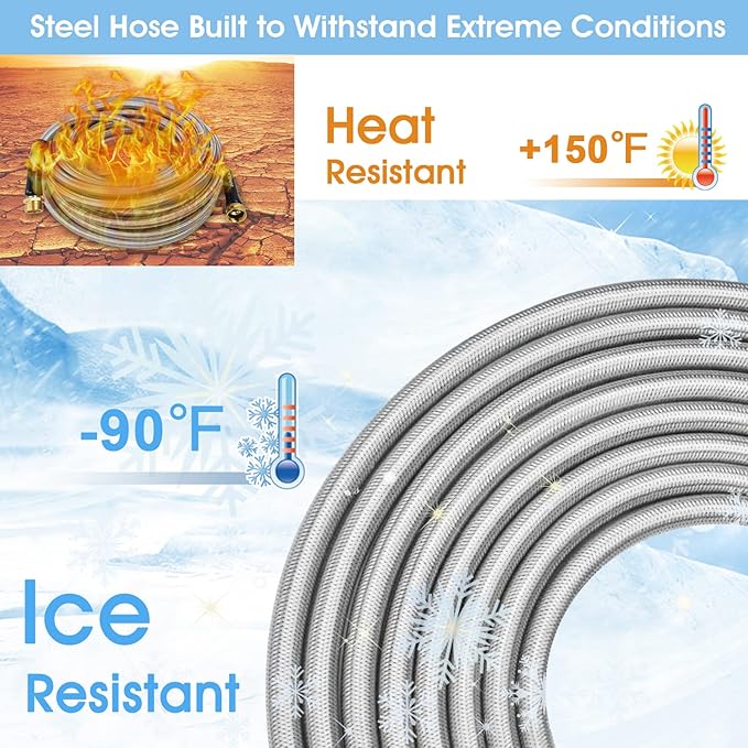 Garden Hose 304 Stainless Steel Metal Braided Hose, Lightweight, Kink-Free, Tough, Flexible Water Hose, Rust Proof, Puncture, Portable, 5/8" Aircraft Grade Aluminum Alloy Connector, 25FT