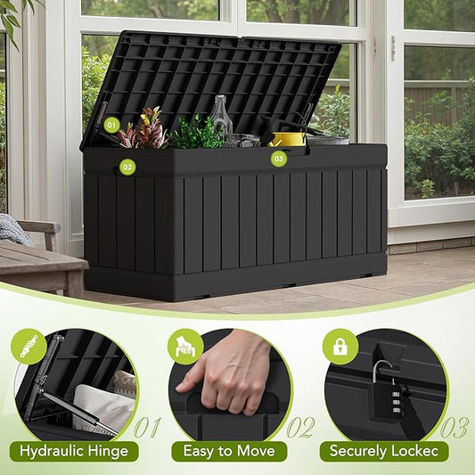 Devoko 78 Gallon Deck Box, Waterproof Resin Outdoor Storage Box for Outside and Patio, Outdoor Storage Bench Lockable for Patio Furniture, Garden Tools and Pool Supplies (Black, 78 Gallon)