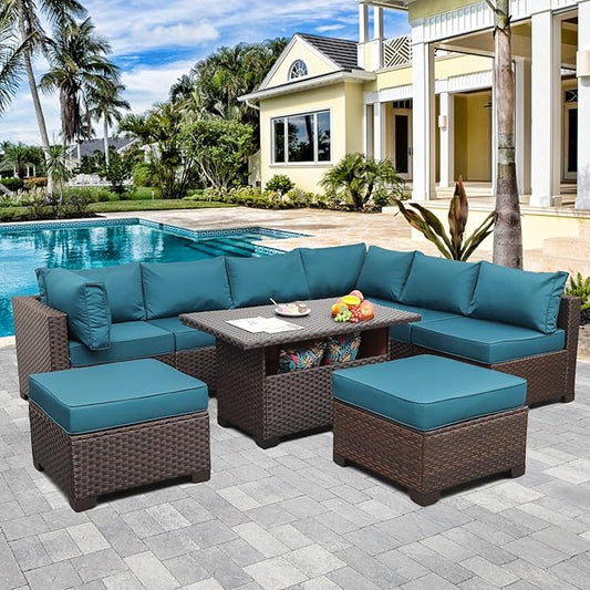 9 Pieces Wicker Patio Furniture Set Outdoor PE Rattan Sectional Conversation Sofa Set with Peacock Blue Cushions and Storage Table