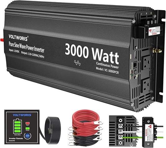 3000 Watt Pure Sine Wave Inverter 12V DC to 110V 120V AC with UL Fuses 3000W Power Inverter for Home RV Truck Off-Grid Solar with AC Hardwire 30A Compatible with Lithium Battery VOLTWORKS