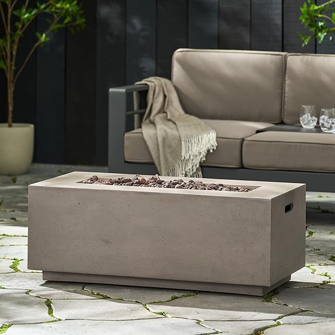 Outdoor Propane Fire Pit Table for Outside Patio, 40 Inch Concrete Fire Pit Table, Rectangle Gas Fire Pit for Garden, Pool, Backyard, 40,000 BTU, Free Lava Rocks, Light Grey