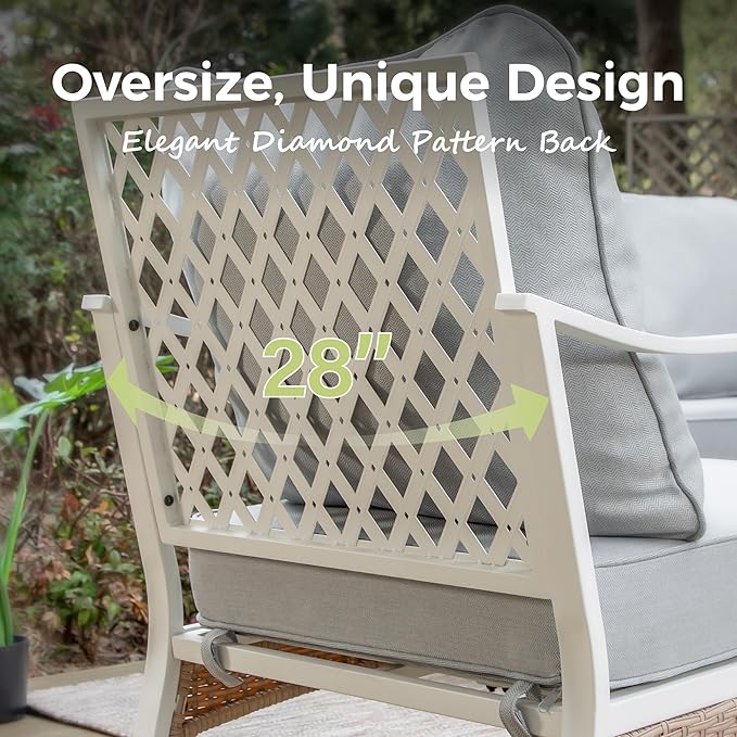 5 Piece Patio Furniture Set, 2 x Rocking Chair, 1 x 2-Seat Sofa, 1 x 3-Seat Sofa with Marbling Coffee Table, 7 Seats Outdoor Conversation Set for Lawn Garden Backyard, Light Gray
