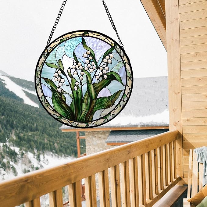 AMDERVEN Stained Glass Window Hanging, White Green Lily of The Walley Flowers Sun Catcher for Door Home Decor Plants Suncatcher Christmas Mother's Day Birthday Gifts for Women Men Mom Nana 9.8 in
