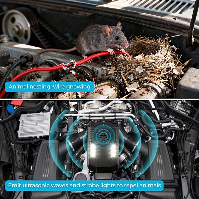 Ultrasonic Repellent Mouse for Cart- Under Hood Battery Powered Plug-in Device, Repels Mice, Rats & Squirrels from Vehicle Engine, Garage, Indoor Outdoor Areas - 1 Pack