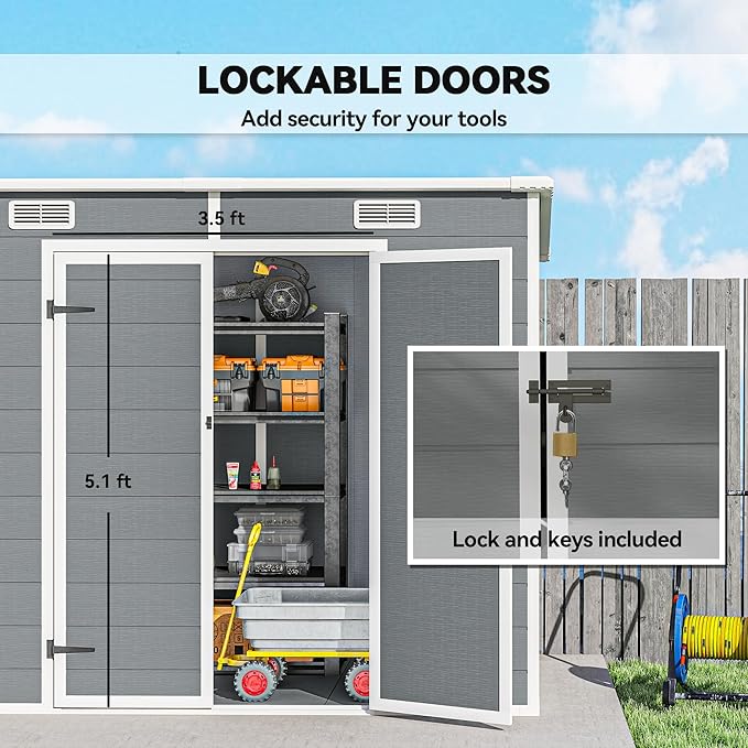 Outsunny 8' x 4' Outdoor Storage Shed, Plastic Shed with Vent, Window and Double Lockable Doors, Utility Resin Shed for Patio, Backyard, Lawn, Garage, Gray