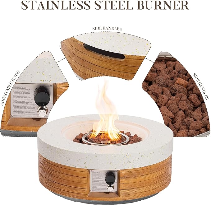COSIEST 28" Outdoor Propane Fire Pit Table, Small Round Gas Fire Pit Table with Concrete & Log Wood Grain Design, 50000BTU Fire Tables for Patio, Backyard, Garden Heating