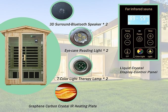 LTCCDSS Low EMF Outdoor Far Infrared Sauna 2-Person, Hemlock Wood Sauna for Home, Withstand Outdoor Temp -5℉-104℉, Bluetooth Speakers, LED Reading Lamps, Chromotherapy Light